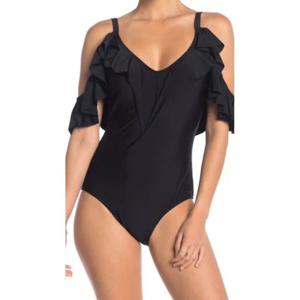 Nicole Miller Womens 1 PC Ruffled Cold Shoulder Swimsuit in Black Sz Large Suit